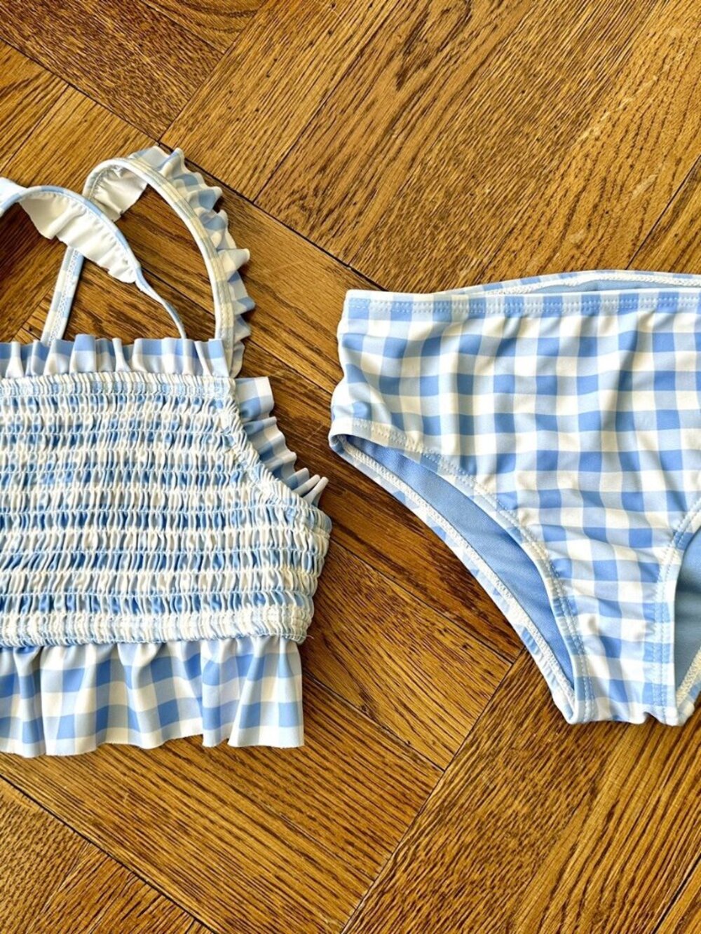 Tommy Bahama Girls Blue Gingham Smocked Ruffle Bikini Swimsuit Size 5-6